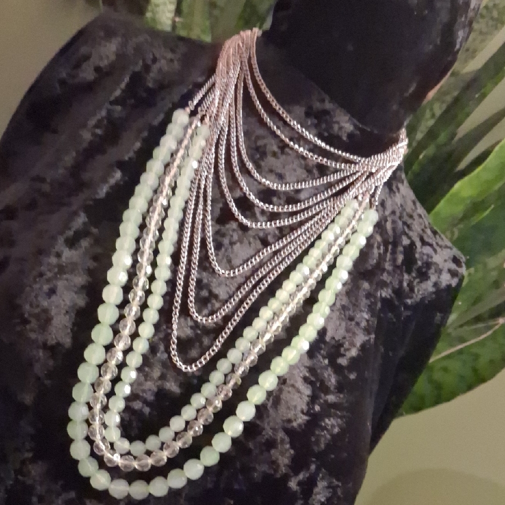 Multi-Layered Silver Chain and Mint Green Bib Or Collar Long Necklace 11 Layers